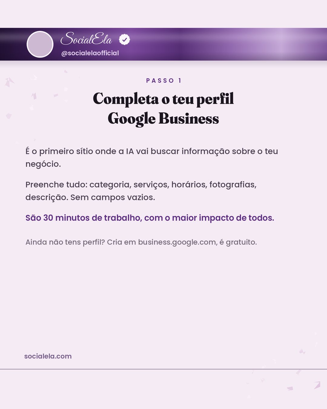 Passo 1: completar o perfil Google Business com categoria, serviços, horários e fotografias